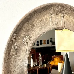 Pamono Copper Frame Mirror with Embossed Decor by Angelo Bragalini, 1950s><noscript><img width=