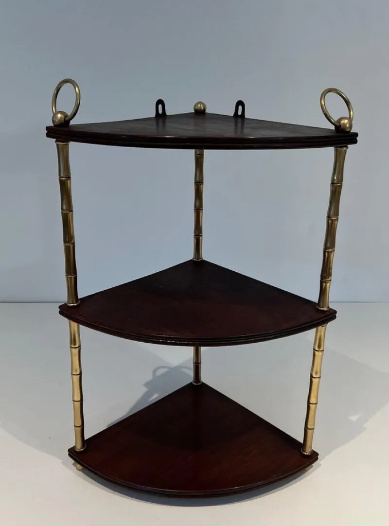 Discount Pamono Corner Shelf in Brass Faux-Bamboo and Mahogany in the style of Maison Baguès