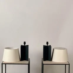 Pamono Croisillon Matte Black Lamps and Entretoise Travertine Tables, Set of 4><noscript><img width=