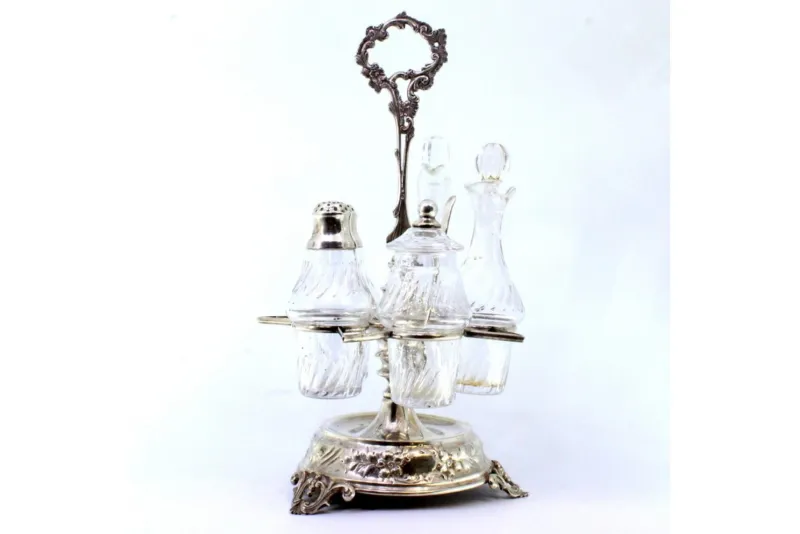 Pamono Cruet Set with Silver Structure and Mustard Bowl with Salt and Pepper Shaker, Set of 5> Bottles, Carafes & Jugs