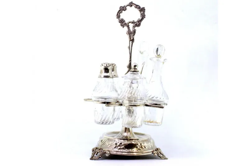 Pamono Cruet Set with Silver Structure and Mustard Bowl with Salt and Pepper Shaker, Set of 5> Bottles, Carafes & Jugs