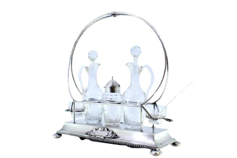 Pamono Cruet with Silver Structure with Two Cruets and Salt and Pepper Shaker and Mustard Pot with Spoon, Set of 7> Bottles, Carafes & Jugs