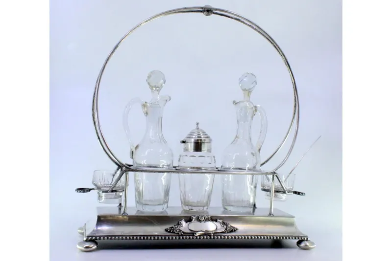 Pamono Cruet with Silver Structure with Two Cruets and Salt and Pepper Shaker and Mustard Pot with Spoon, Set of 7> Bottles, Carafes & Jugs