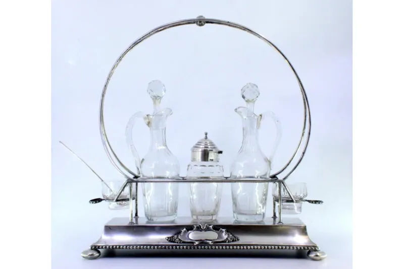Pamono Cruet with Silver Structure with Two Cruets and Salt and Pepper Shaker and Mustard Pot with Spoon, Set of 7> Bottles, Carafes & Jugs