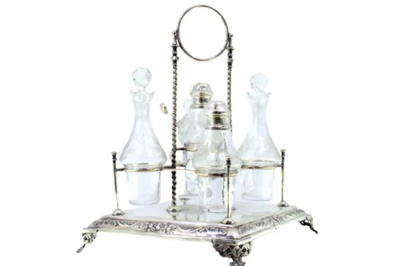 Hot Pamono Cruet with Silver Structure with Salt and Pepper Shakerand Mustard Jar