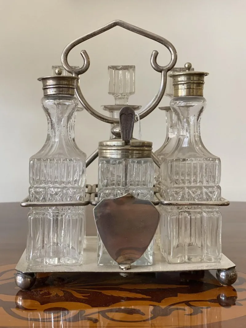 New Pamono Crystal & Silver Condiment Set with Shield & Coat of Arms, Set of 7