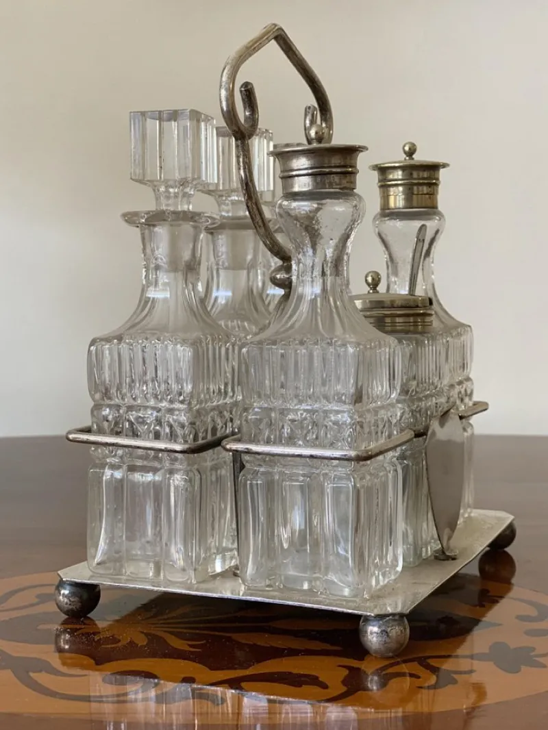 New Pamono Crystal & Silver Condiment Set with Shield & Coat of Arms, Set of 7