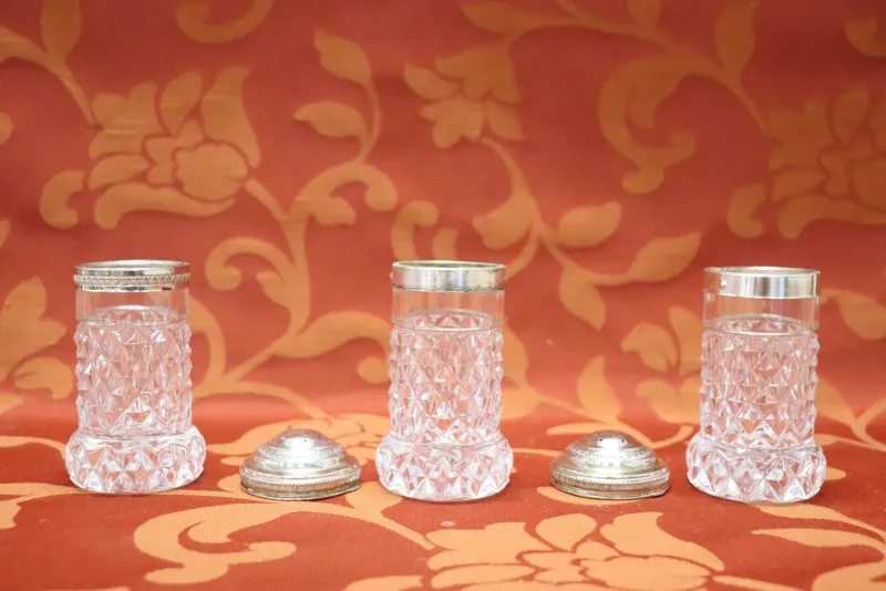 Hot Pamono Crystal Salt and Pepper Shakers, 1930s, Set of 3