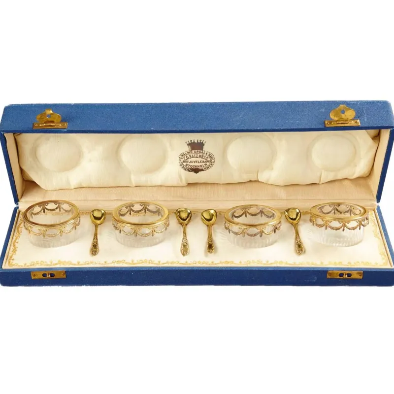 Pamono Crystal Saltcellars with Spoons, Set of 4> Salt & Pepper Shakers