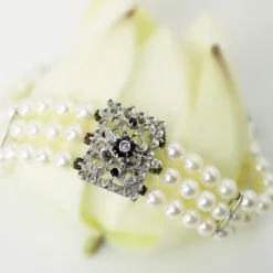 Pamono Cultured Pearl 18 Karat White Gold Sapphire Diamond Clasp 3 Rows Bracelet, 1970s><noscript><img width=