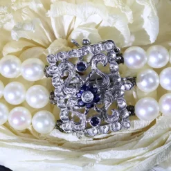 Pamono Cultured Pearl 18 Karat White Gold Sapphire Diamond Clasp 3 Rows Bracelet, 1970s><noscript><img width=