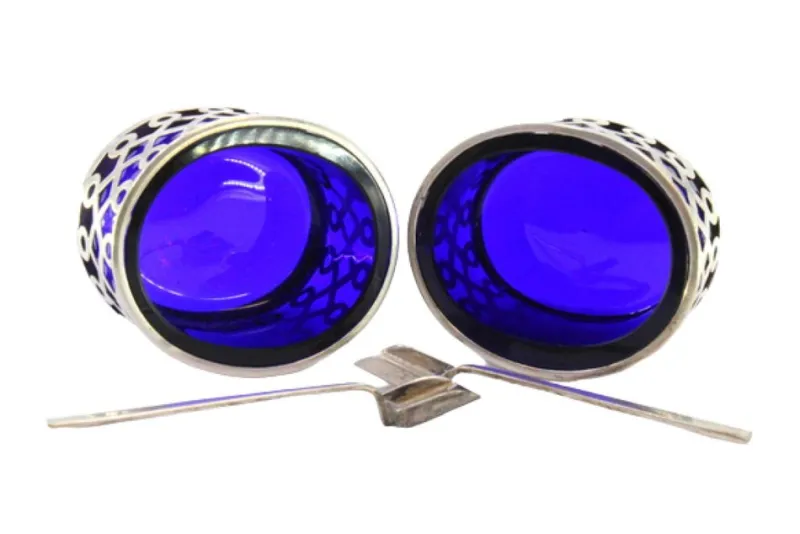 Pamono Cut Silver and Blue Glass Salt Shakers, Set of 2