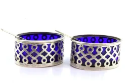 Pamono Cut Silver and Blue Glass Salt Shakers, Set of 2