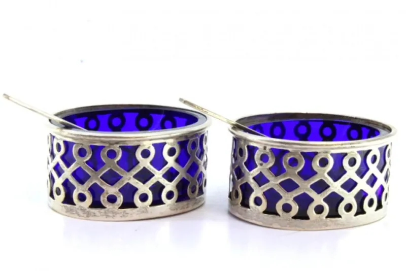 Pamono Cut Silver and Blue Glass Salt Shakers, Set of 2