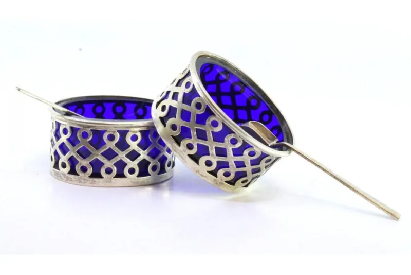 Pamono Cut Silver and Blue Glass Salt Shakers, Set of 2