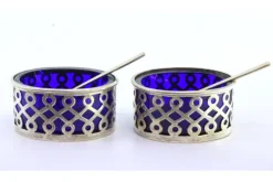 Pamono Cut Silver and Blue Glass Salt Shakers, Set of 2