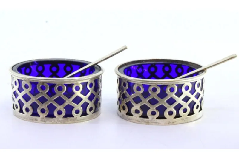 Pamono Cut Silver and Blue Glass Salt Shakers, Set of 2