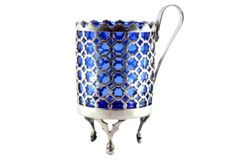Pamono Cut-Out Silver Sugar Bowl with Blue Glass Core> Coffee & Tea Service