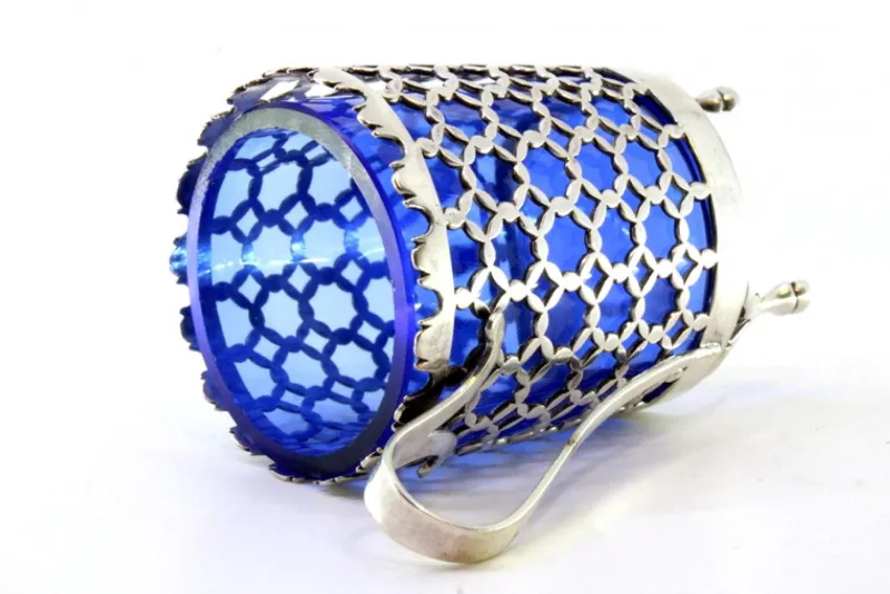 Pamono Cut-Out Silver Sugar Bowl with Blue Glass Core> Coffee & Tea Service