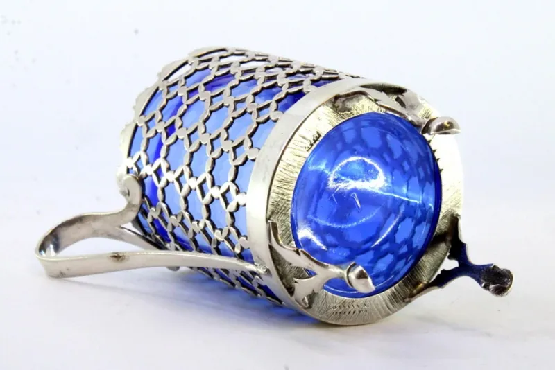 Pamono Cut-Out Silver Sugar Bowl with Blue Glass Core> Coffee & Tea Service