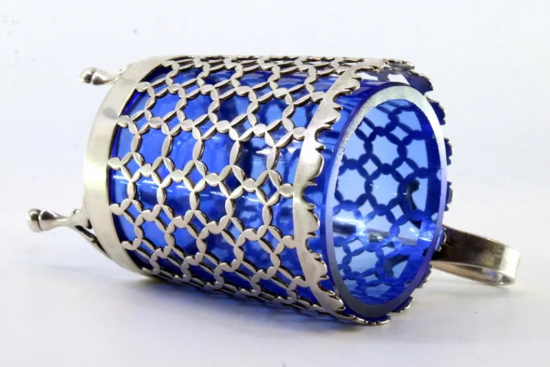 Pamono Cut-Out Silver Sugar Bowl with Blue Glass Core> Coffee & Tea Service