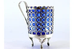 Pamono Cut-Out Silver Sugar Bowl with Blue Glass Core><noscript><img width=