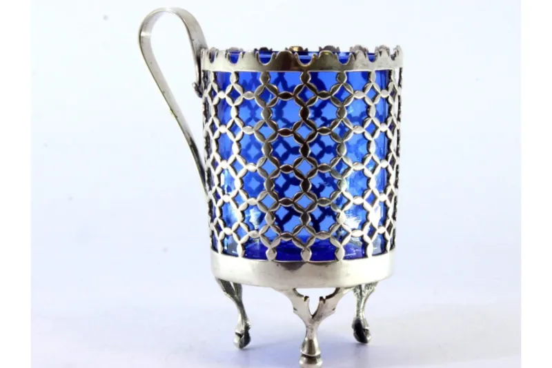Pamono Cut-Out Silver Sugar Bowl with Blue Glass Core> Coffee & Tea Service