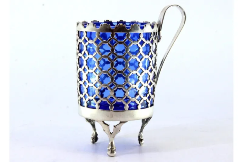 Pamono Cut-Out Silver Sugar Bowl with Blue Glass Core> Coffee & Tea Service
