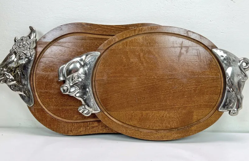 Best Pamono Cutting Boards with Chrome Plate Ox and Pig from BMF, 1950s, Set of 2