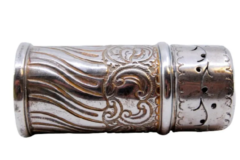 Pamono Cylindrical Silver Salt Shaker with Shells and Scrolls> Salt & Pepper Shakers