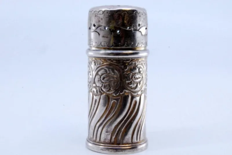 Pamono Cylindrical Silver Salt Shaker with Shells and Scrolls> Salt & Pepper Shakers