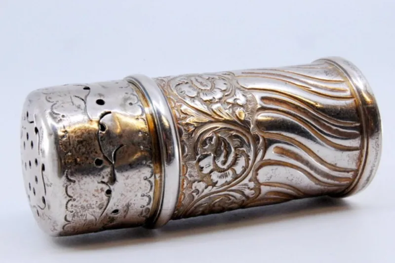 Pamono Cylindrical Silver Salt Shaker with Shells and Scrolls> Salt & Pepper Shakers