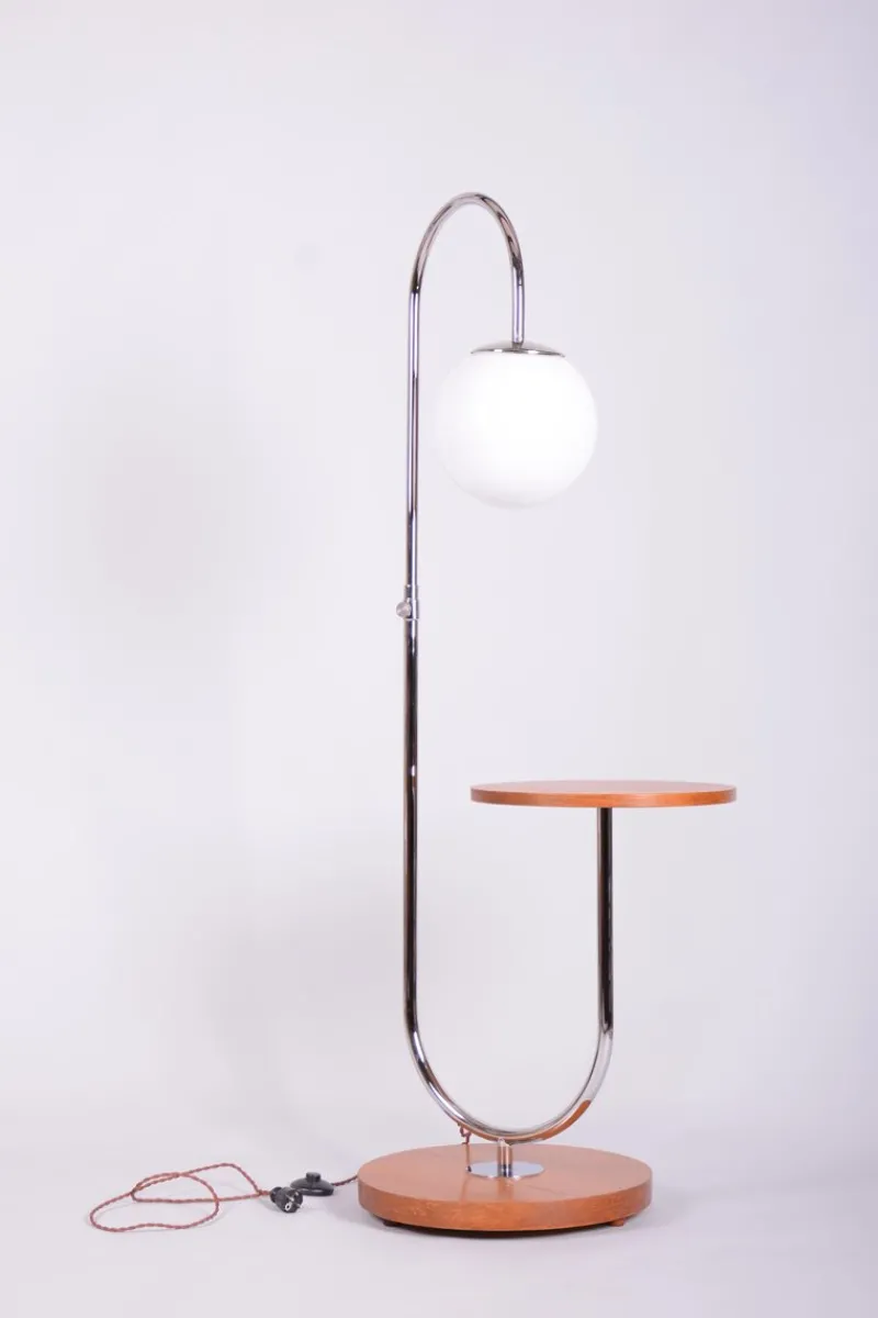 Sale Pamono Czech Bauhaus Floor Lamp in Oak, Chrome and Glass attributed to Robert Slezak, 1930s