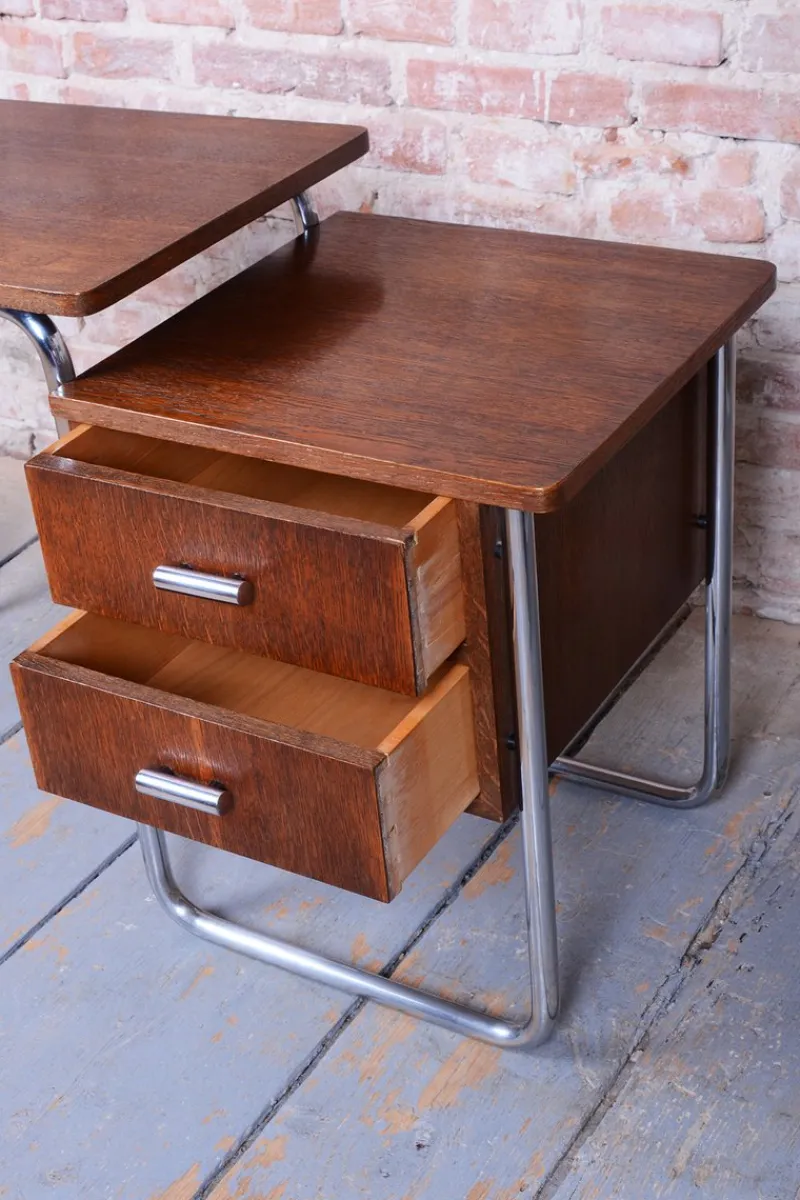 Pamono Czech Bauhaus Writing Desk in Oak and Chrome attributed to Robert Slezák, 1930s> Desks