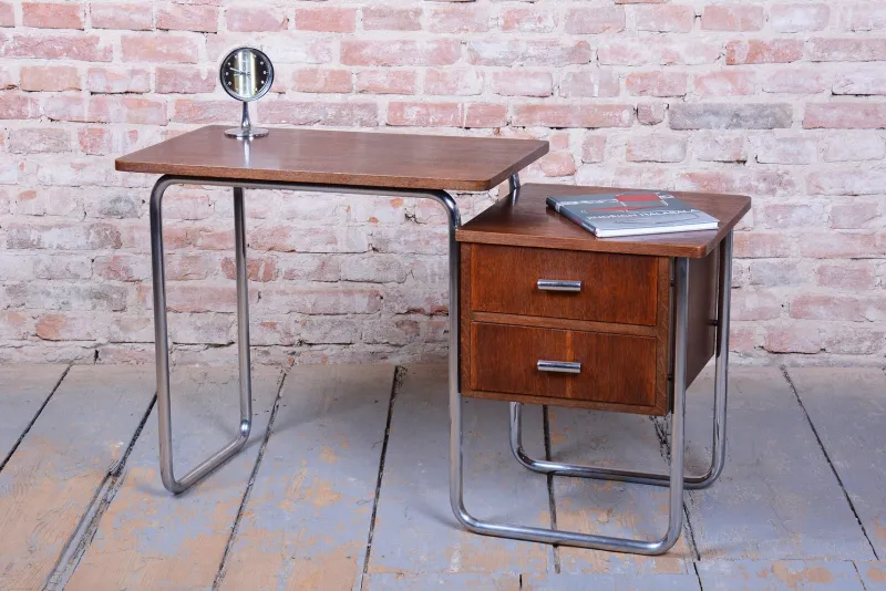 Pamono Czech Bauhaus Writing Desk in Oak and Chrome attributed to Robert Slezák, 1930s> Desks