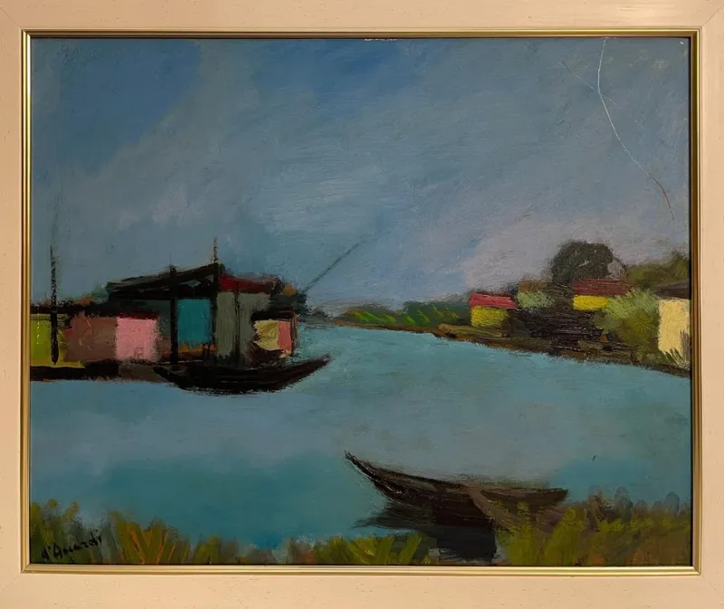 Pamono D'Accardi, River Landscape, 20th Century, Oil Painting on Panel, Framed