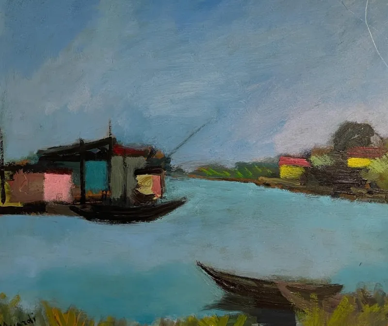 Pamono D'Accardi, River Landscape, 20th Century, Oil Painting on Panel, Framed