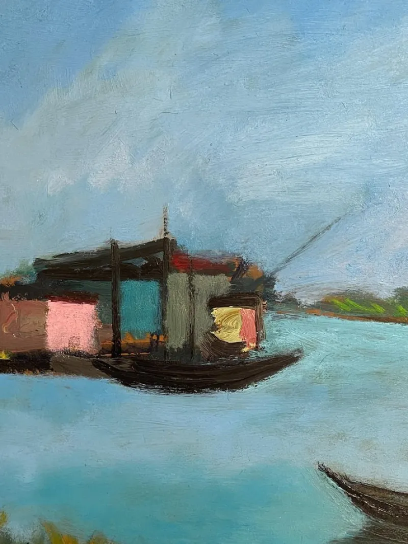 Pamono D'Accardi, River Landscape, 20th Century, Oil Painting on Panel, Framed