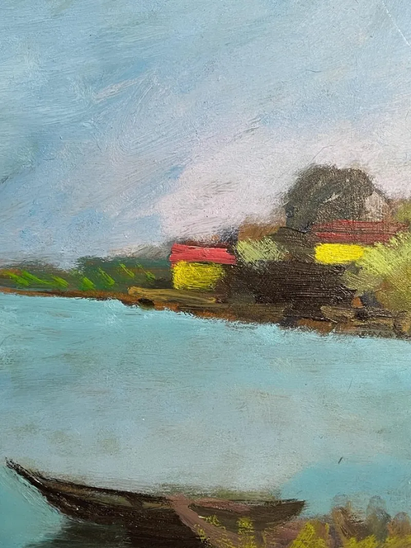 Pamono D'Accardi, River Landscape, 20th Century, Oil Painting on Panel, Framed
