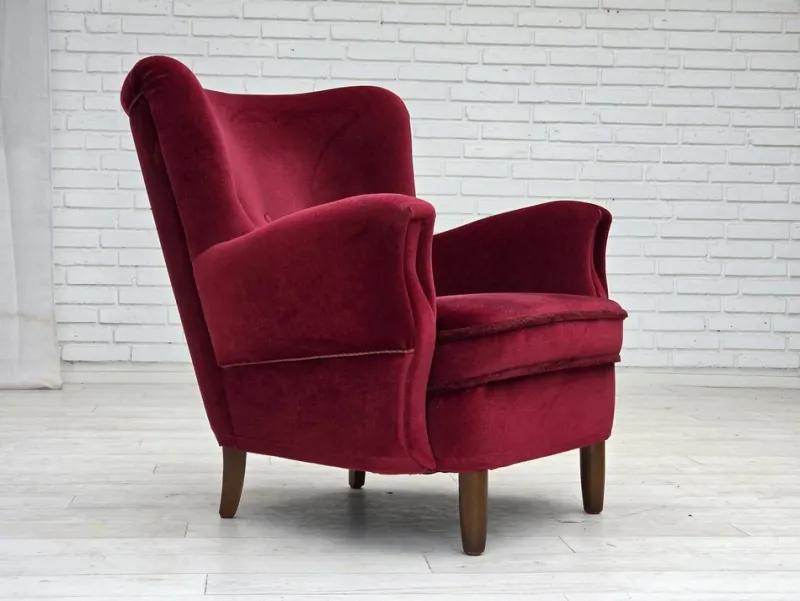 Pamono Danish Armchair in Cherry-Red Velour with Beech Legs, 1960s> Lounge Chairs & Armchairs