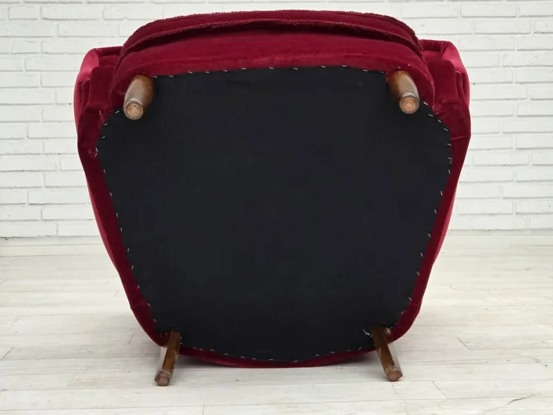 Pamono Danish Armchair in Cherry-Red Velour with Beech Legs, 1960s> Lounge Chairs & Armchairs