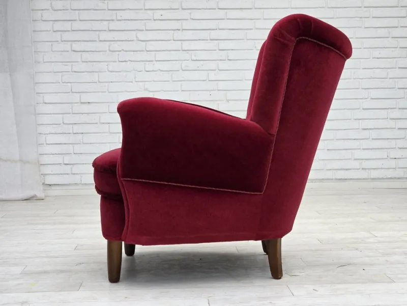 Pamono Danish Armchair in Cherry-Red Velour with Beech Legs, 1960s> Lounge Chairs & Armchairs