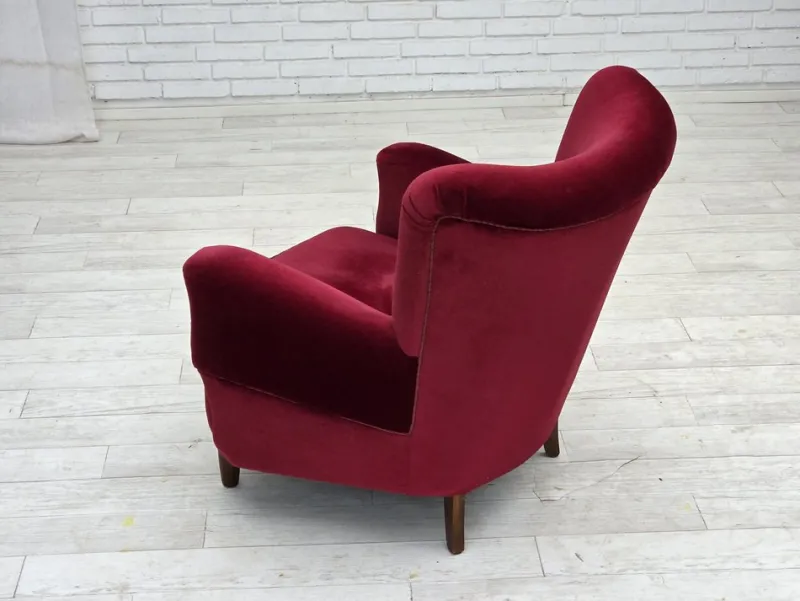 Pamono Danish Armchair in Cherry-Red Velour with Beech Legs, 1960s> Lounge Chairs & Armchairs