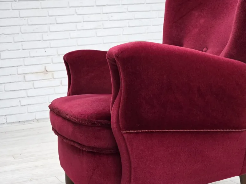 Pamono Danish Armchair in Cherry-Red Velour with Beech Legs, 1960s> Lounge Chairs & Armchairs