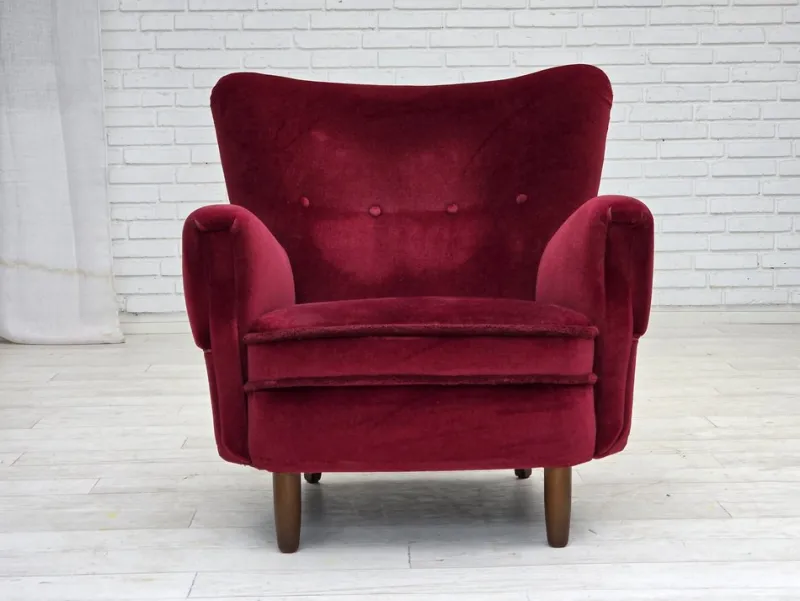 Pamono Danish Armchair in Cherry-Red Velour with Beech Legs, 1960s> Lounge Chairs & Armchairs