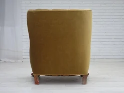 Clearance Pamono Danish Armchair in Green Velour and Carved Oak, 1960s