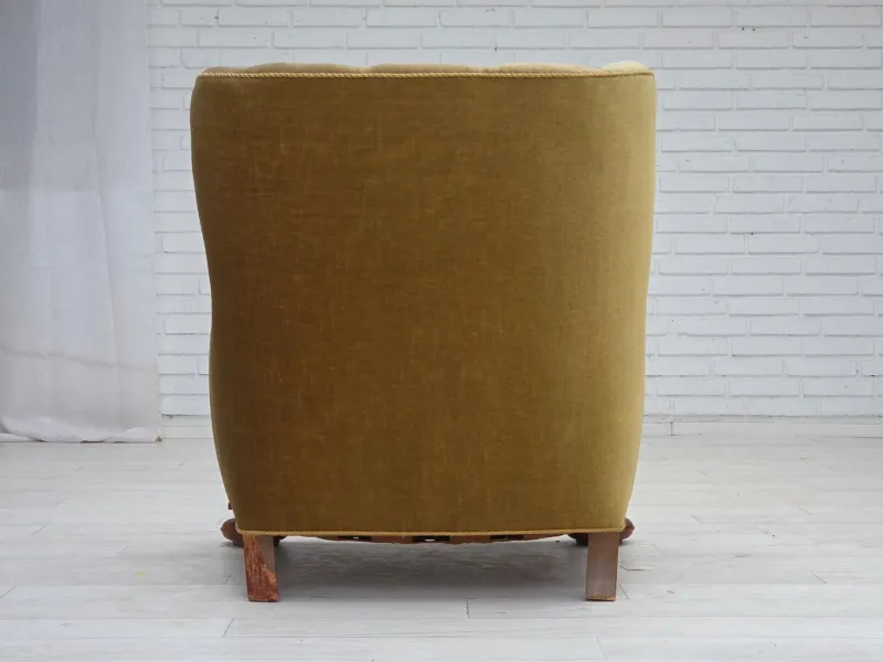 Clearance Pamono Danish Armchair in Green Velour and Carved Oak, 1960s