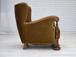 Clearance Pamono Danish Armchair in Green Velour and Carved Oak, 1960s