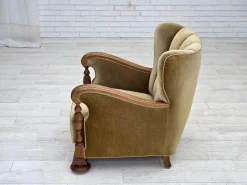 Clearance Pamono Danish Armchair in Green Velour and Carved Oak, 1960s