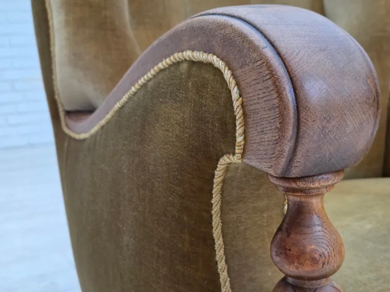Clearance Pamono Danish Armchair in Green Velour and Carved Oak, 1960s